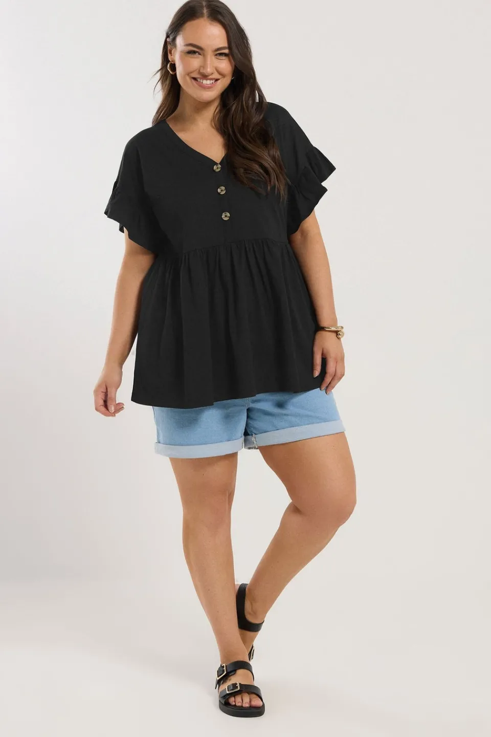 Tops>YOURS Curve Black Button Frill Sleeve Peplum Top