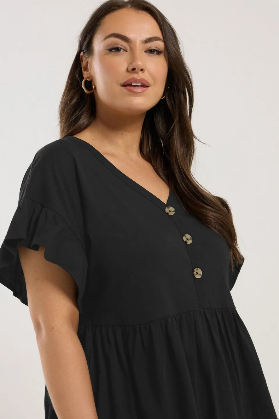 Tops>YOURS Curve Black Button Frill Sleeve Peplum Top