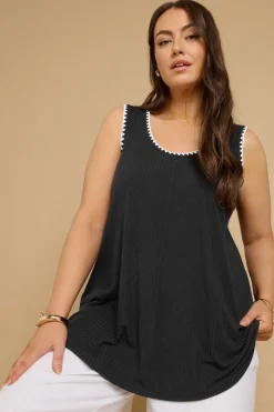 Tops>YOURS Curve Black Contrast Blanket Stitch Ribbed Vest Top