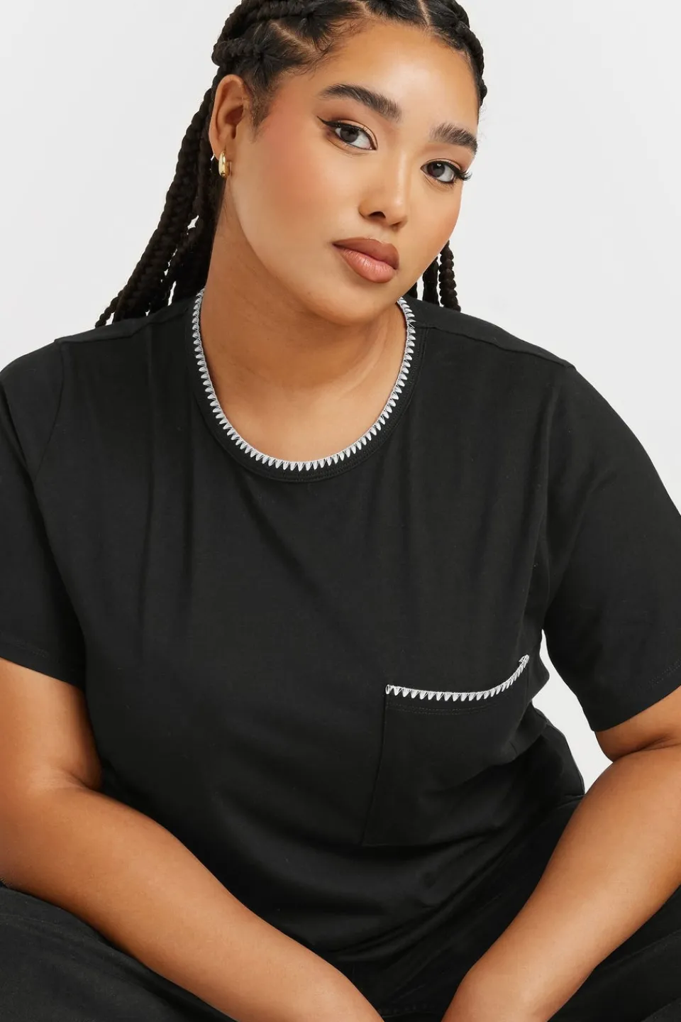 T-Shirts>YOURS Curve Black Contrast Stitch Pocket Heavyweight T Shirt