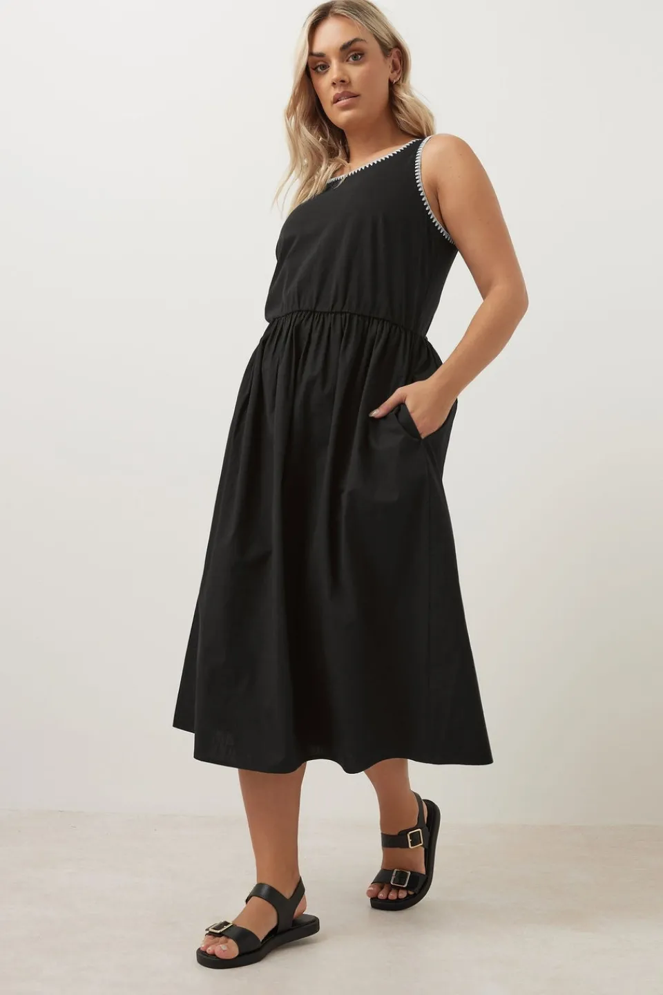 Dresses>YOURS Curve Black Contrast Blanket Stitch Midi Dress