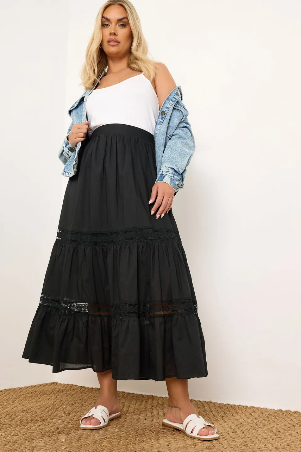Skirts>YOURS Curve Black Cotton Tiered Maxi Skirt