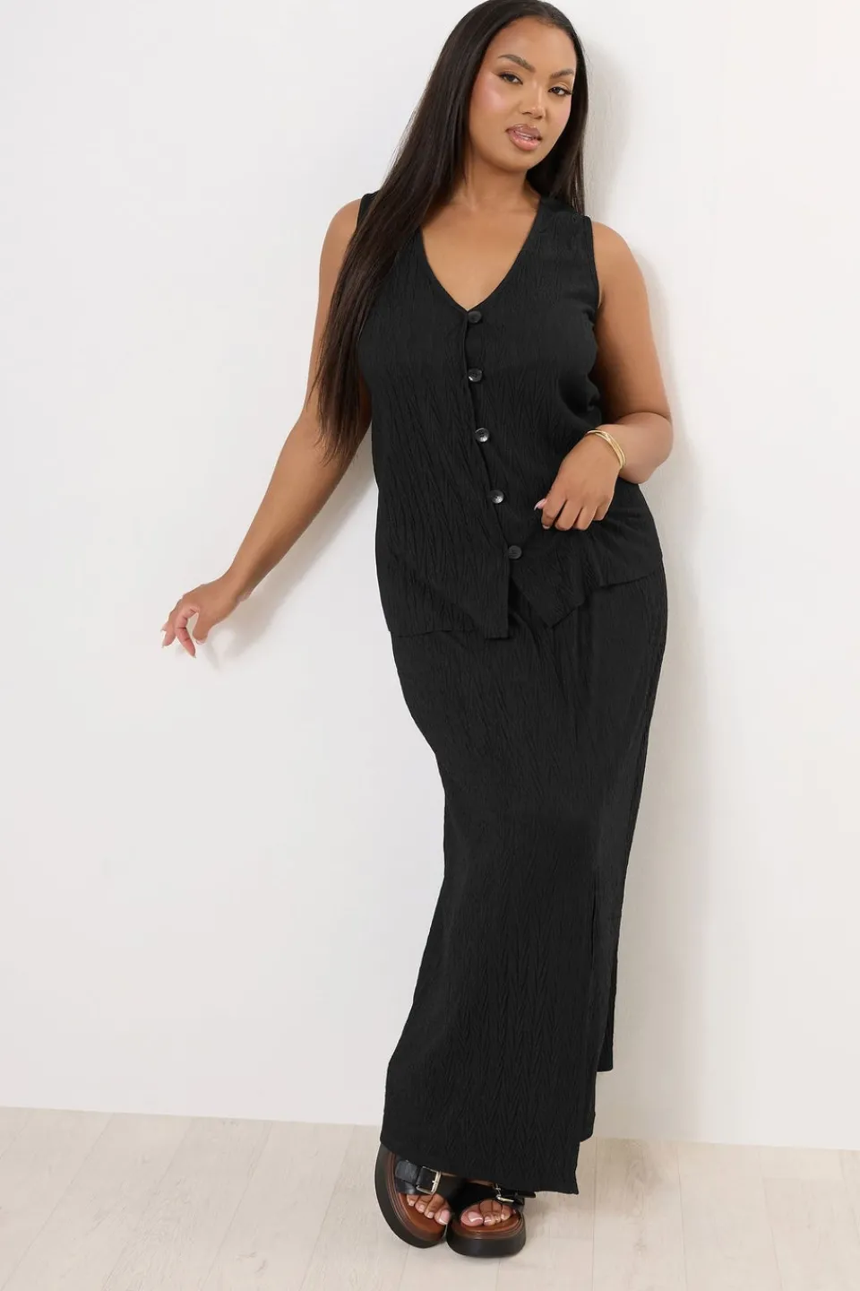Tops>YOURS Curve Crinkle Plisse Waistcoat Black