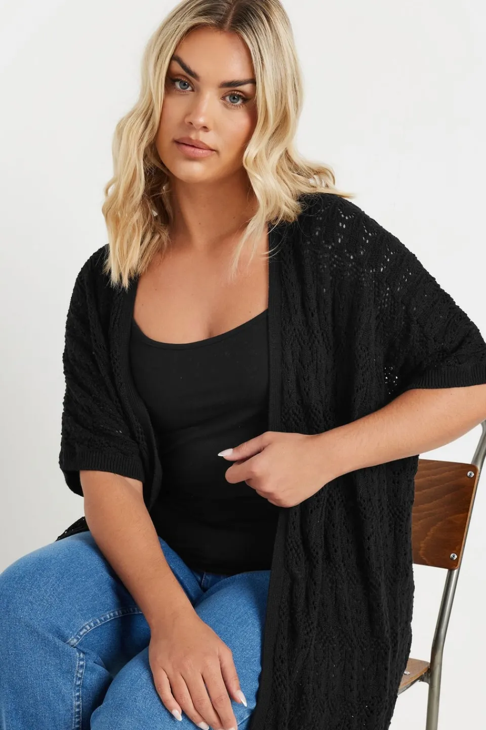 Tops>YOURS Curve Black Crochet Short Sleeve Cardigan