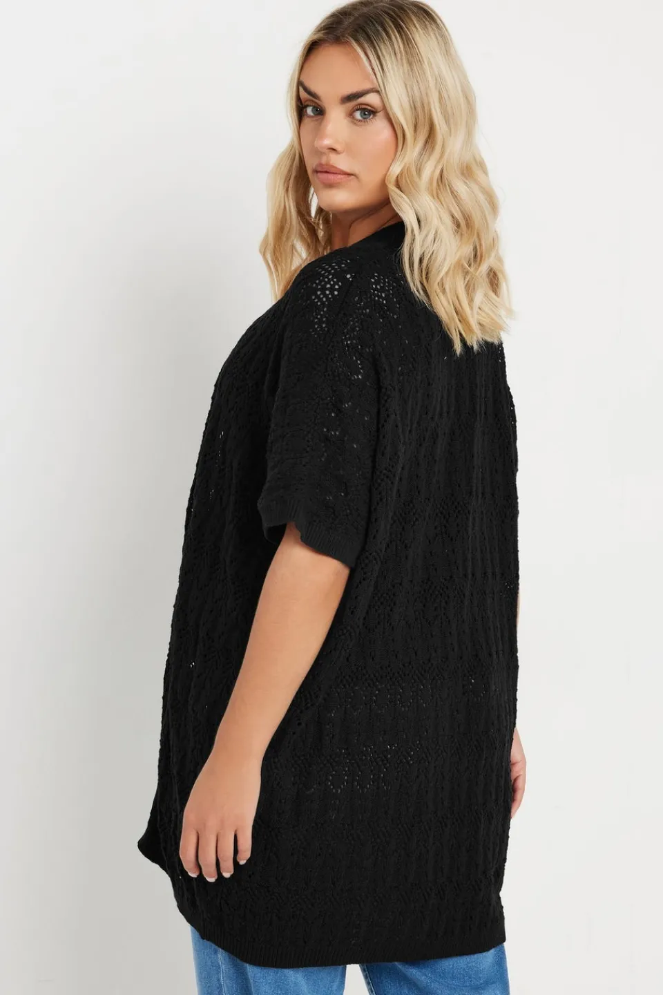 Tops>YOURS Curve Black Crochet Short Sleeve Cardigan