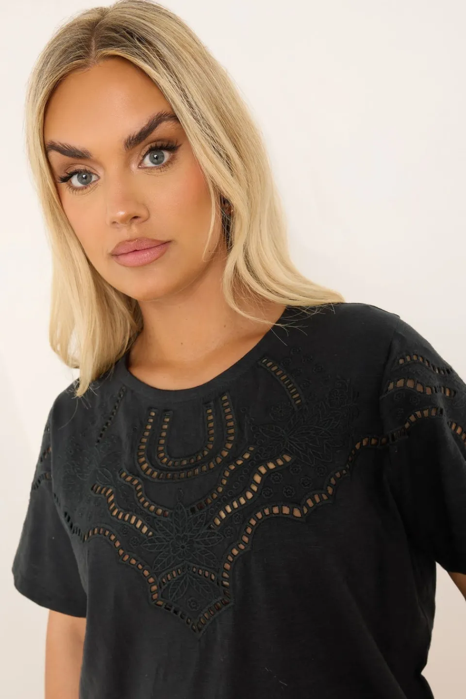 T-Shirts>YOURS Curve Black Crochet Trim T-Shirt