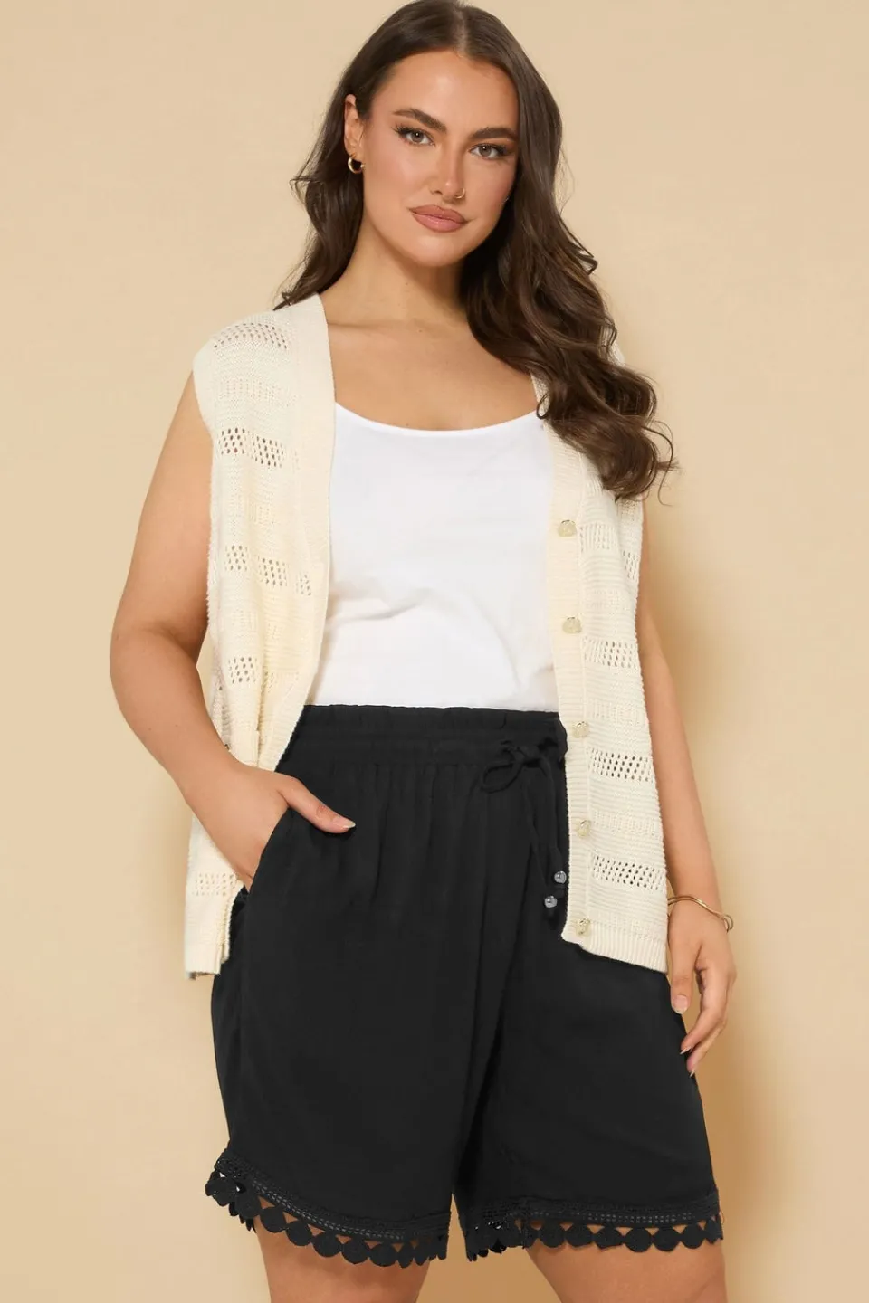 Shorts>YOURS Curve Black Crochet Trim Crinkle Shorts