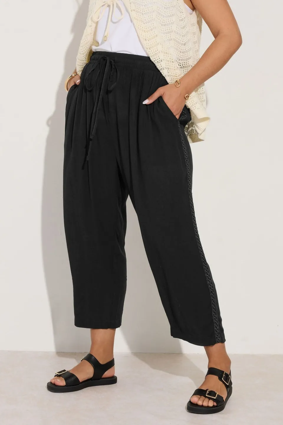 Trousers>YOURS Curve Black Crochet Trim Cropped Trousers