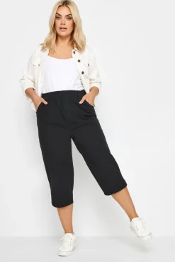 Trousers>YOURS Curve Elasticated Cool Cotton Cropped Trousers Black
