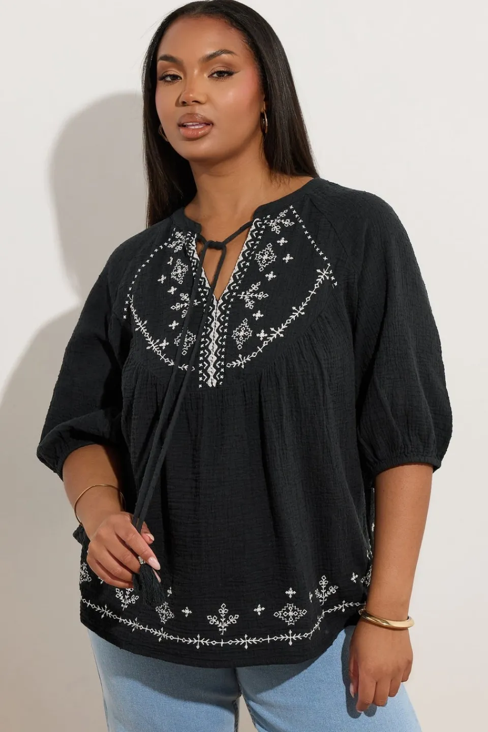 Tops>YOURS Curve Black Embroidered Tie Front Blouse