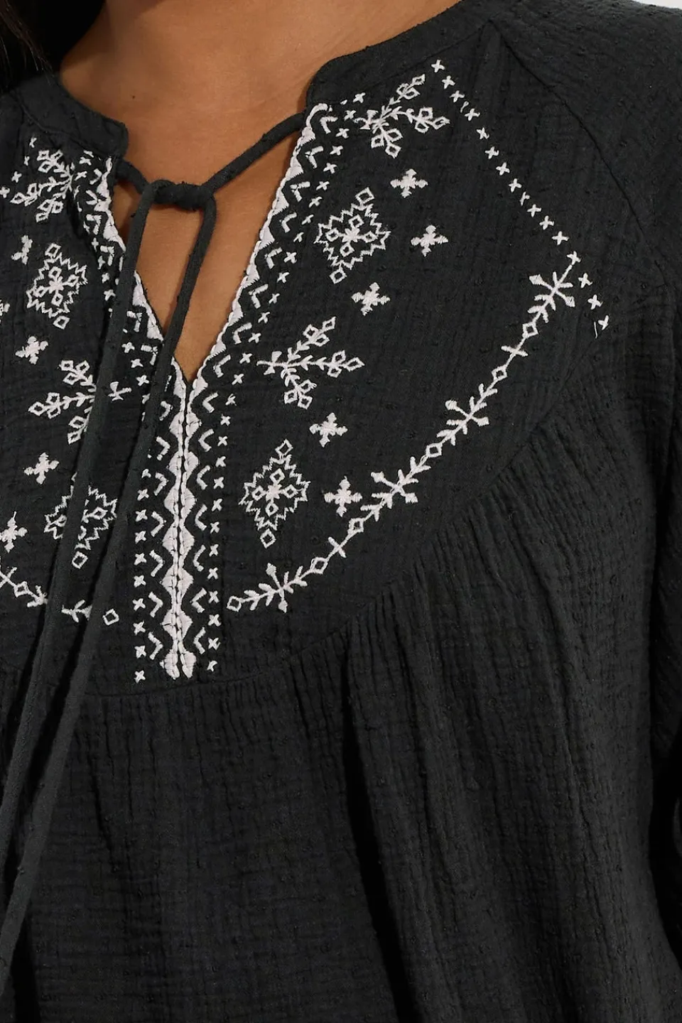Tops>YOURS Curve Black Embroidered Tie Front Blouse