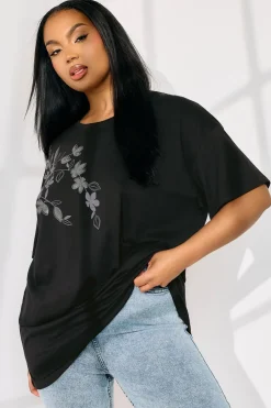 T-Shirts>YOURS Curve Black Floral Oversized Sequin Top