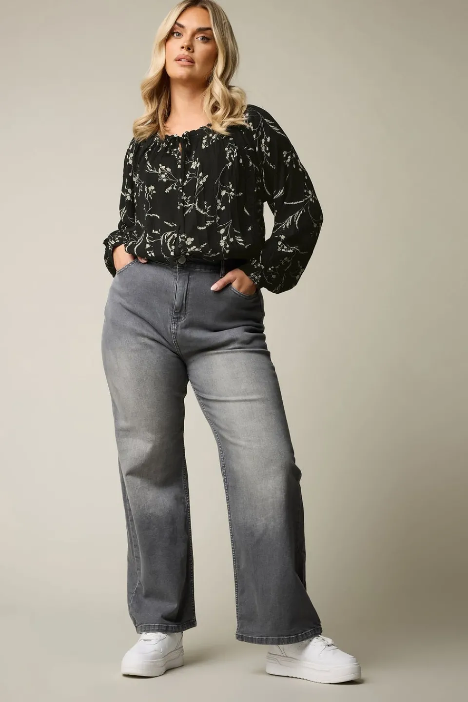 Tops>YOURS Curve Black Floral Tie Neck Pintuck Top