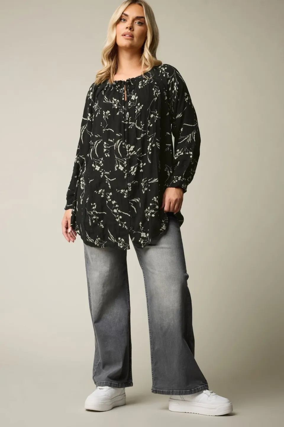 Tops>YOURS Curve Black Floral Tie Neck Pintuck Top