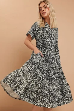 Dresses>YOURS Curve Black Floral Print Tiered Cotton Midaxi Dress BlackFloral