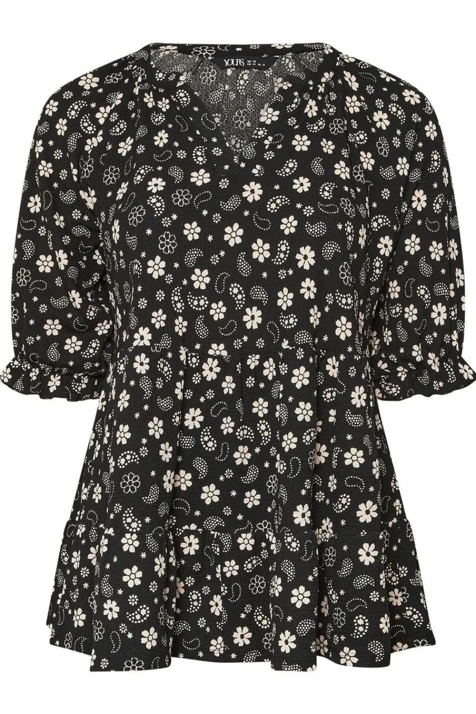 Tops>YOURS Curve Black Floral Paisley Print Tiered Top