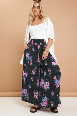 Trousers>YOURS Curve Black Floral Print Shirred Wide Leg Trousers