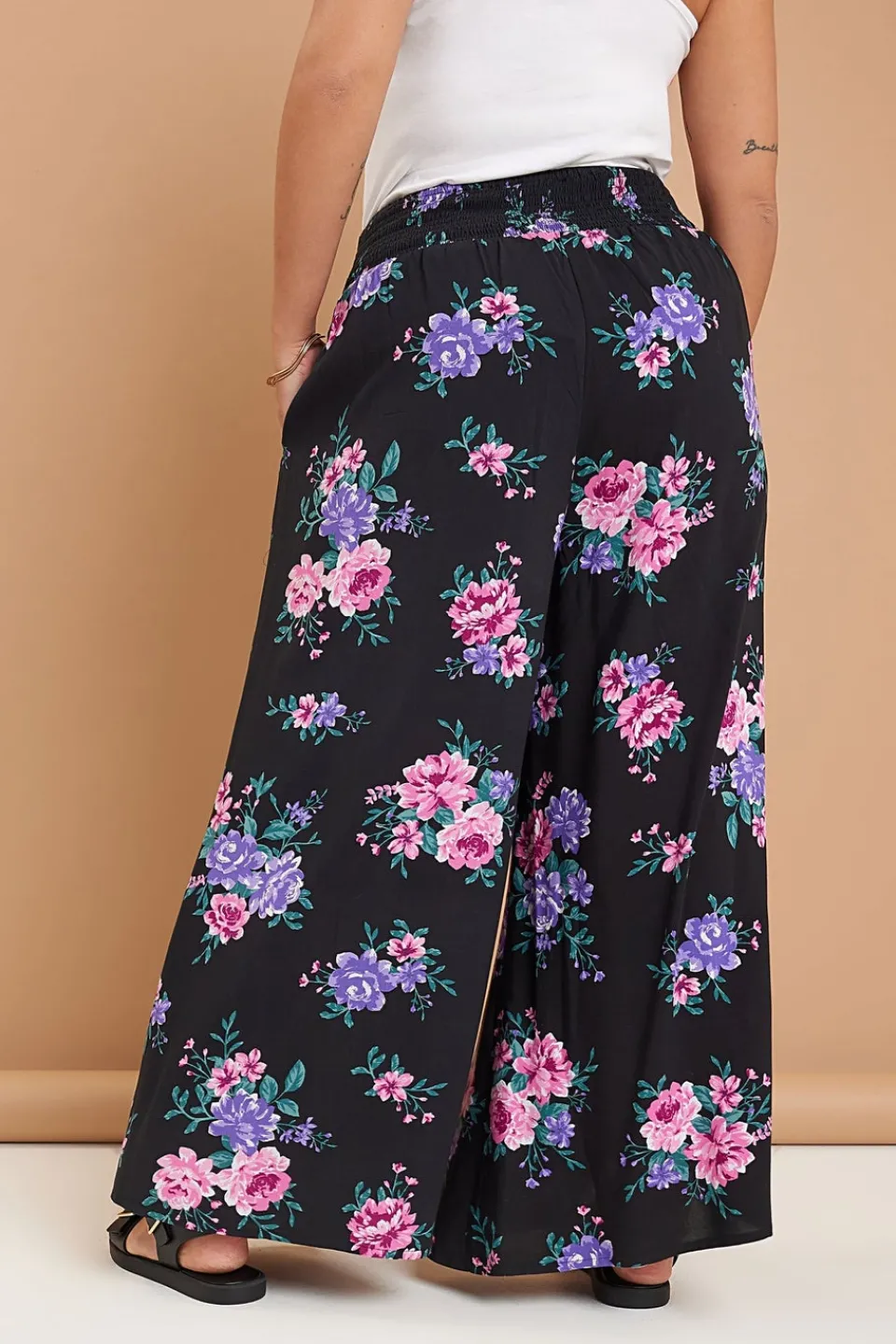 Trousers>YOURS Curve Black Floral Print Shirred Wide Leg Trousers