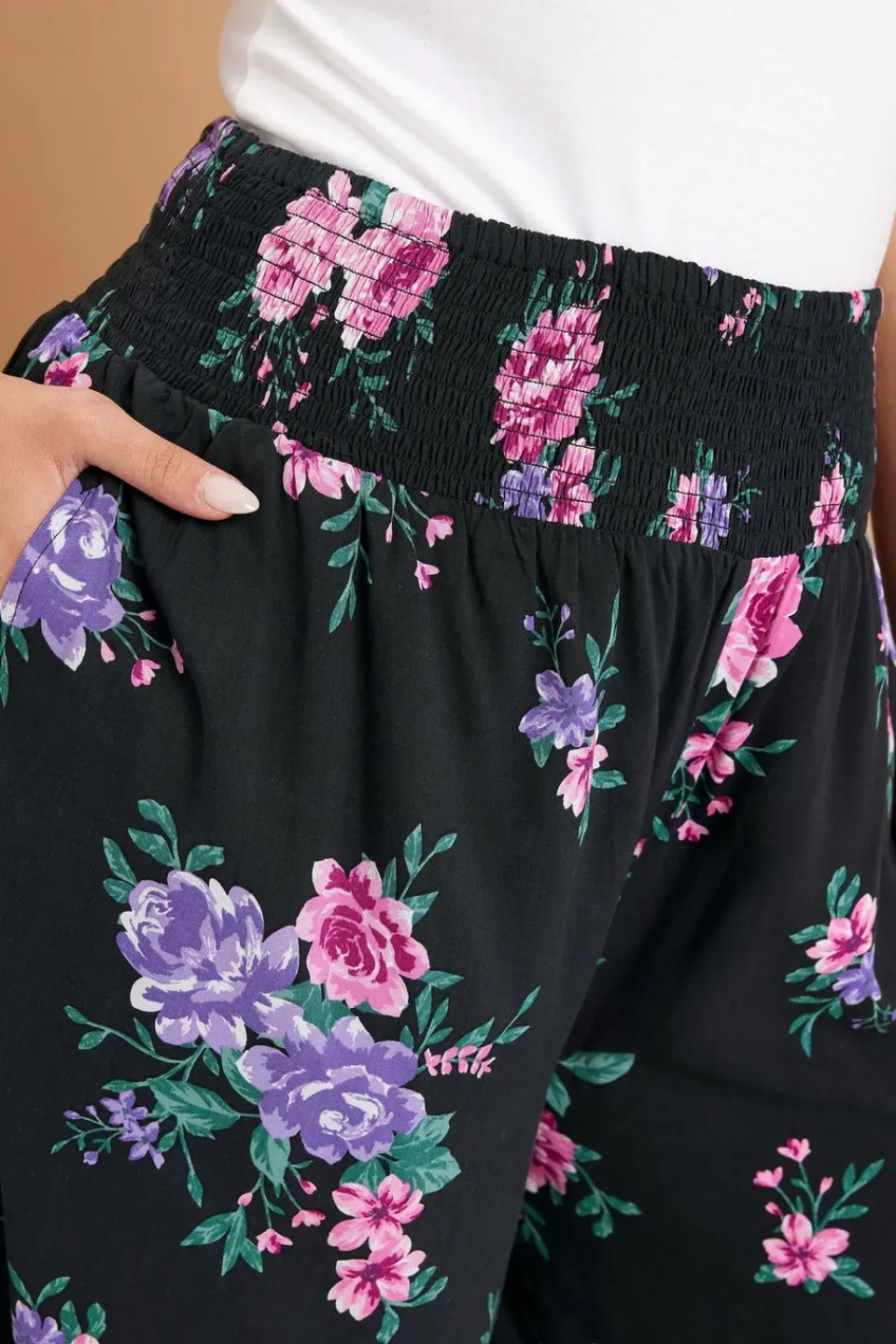 Trousers>YOURS Curve Black Floral Print Shirred Wide Leg Trousers