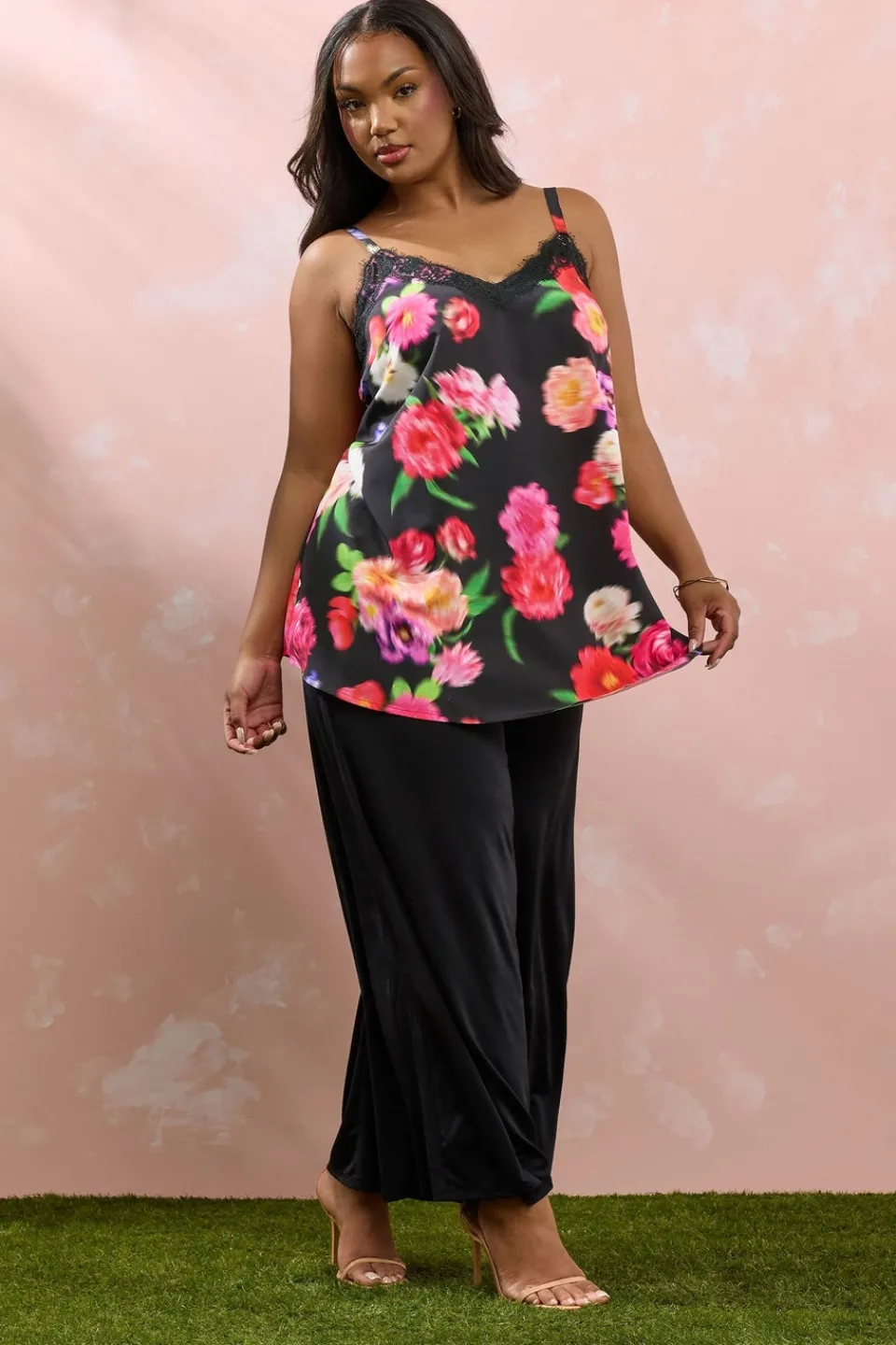 Tops>YOURS Curve Black Floral Print Lace Cami Vest Top