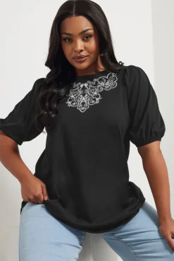 Tops>YOURS Curve Black Floral Embroidered Top