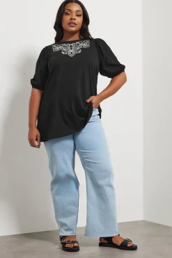 Tops>YOURS Curve Black Floral Embroidered Top