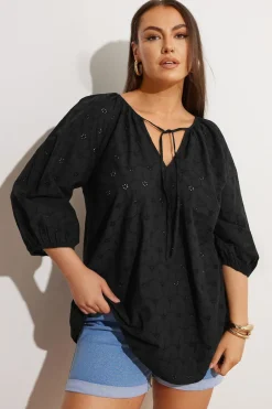 Tops>YOURS Curve Black Floral Broderie Anglaise Tie Front Top