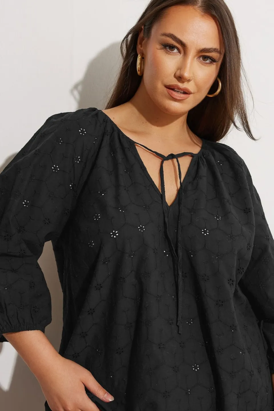 Tops>YOURS Curve Black Floral Broderie Anglaise Tie Front Top