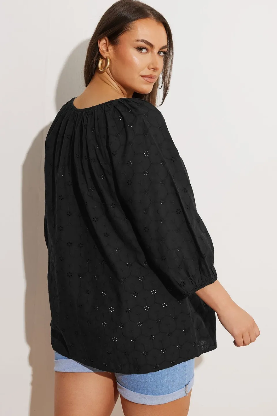 Tops>YOURS Curve Black Floral Broderie Anglaise Tie Front Top