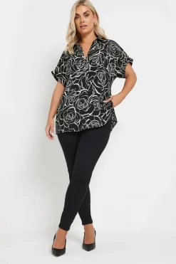 Tops>YOURS Curve Black Floral Print Collared Blouse