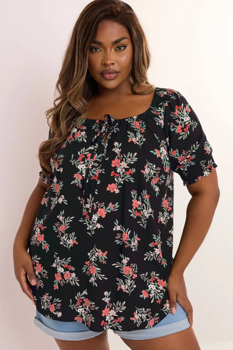 T-Shirts>YOURS Curve Black Floral Print Tie Front Top