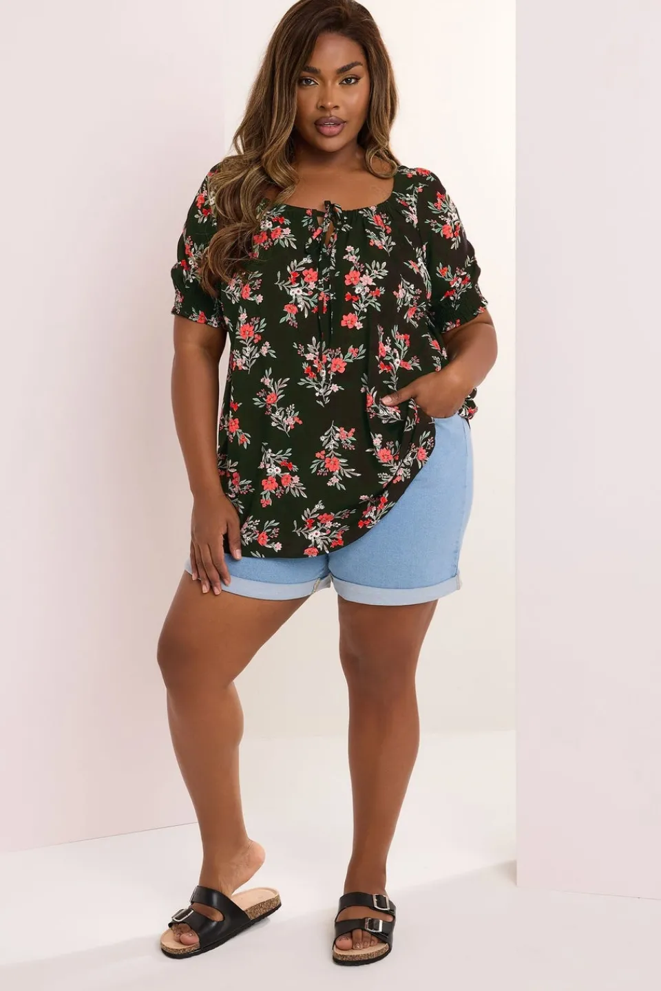T-Shirts>YOURS Curve Black Floral Print Tie Front Top
