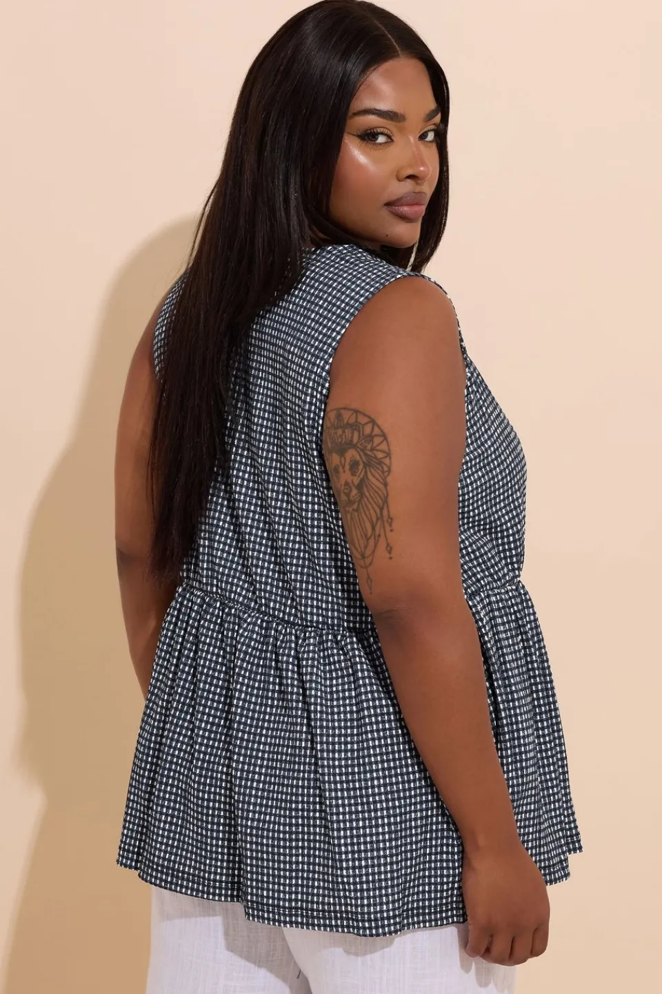 Tops>YOURS Curve Black Gingham Bow Tie Front Top