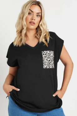 T-Shirts>YOURS Curve Black Leopard Print Pocket T Shirt