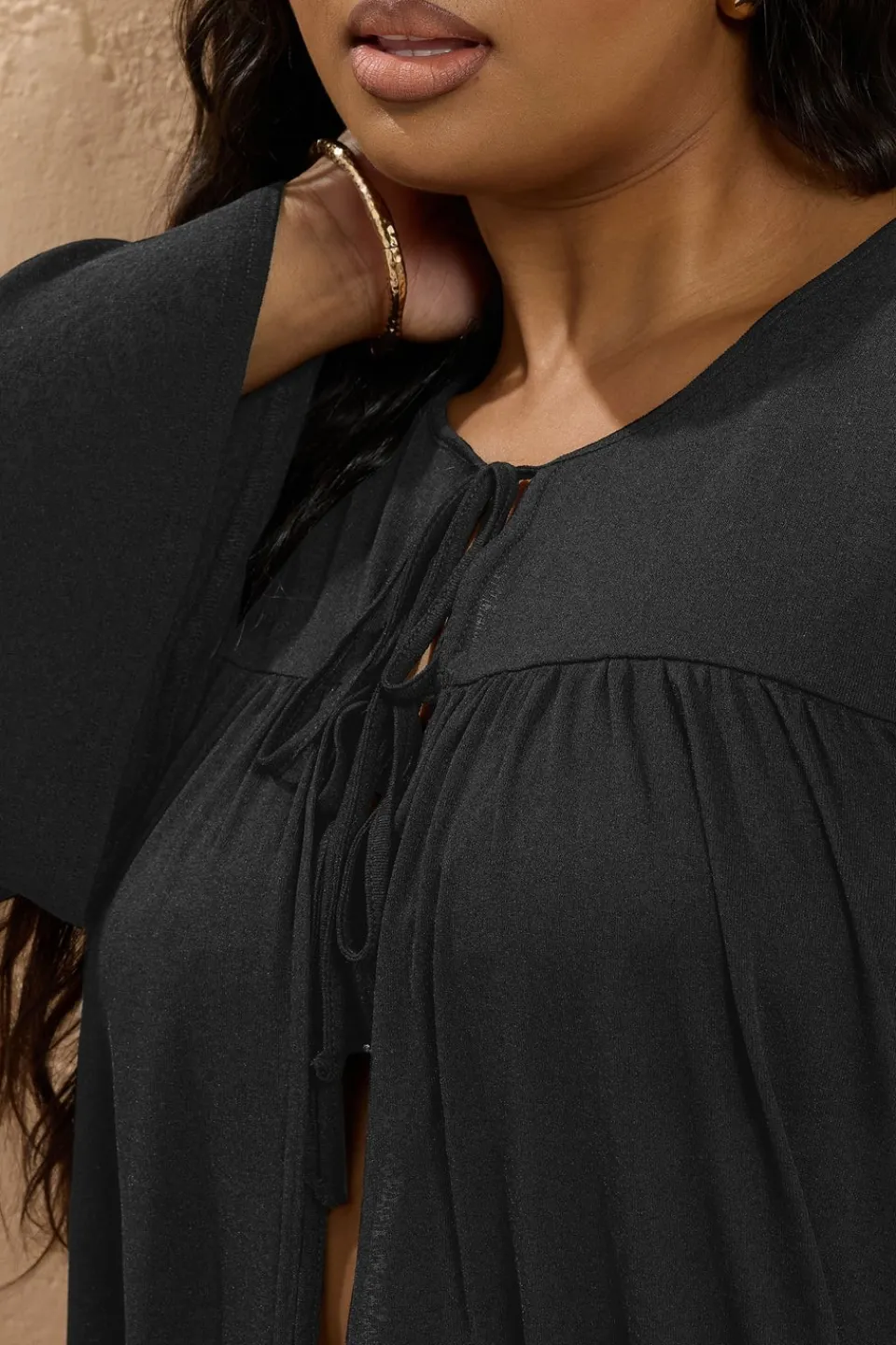 Tops>YOURS Curve Black Lightweight Tie Front Top