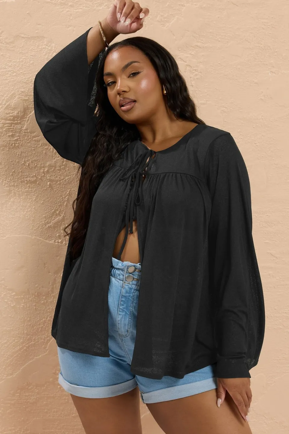 Tops>YOURS Curve Black Lightweight Tie Front Top