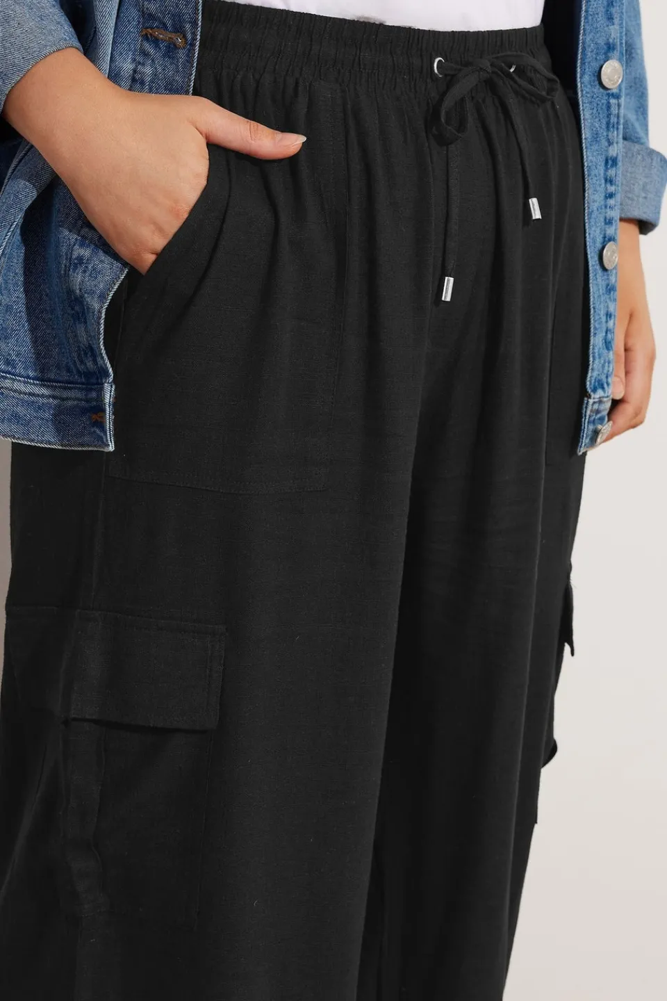 Trousers>YOURS Curve Linen Cargo Trousers Black