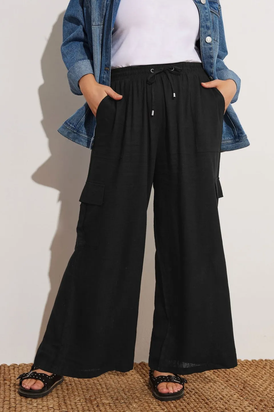 Trousers>YOURS Curve Linen Cargo Trousers Black