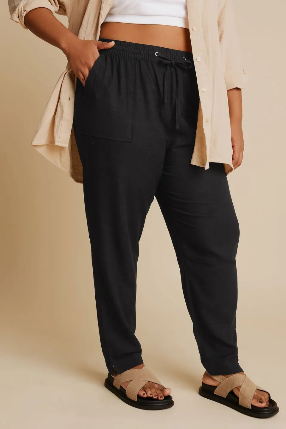 Trousers>YOURS Curve Black Linen Tie Front Joggers