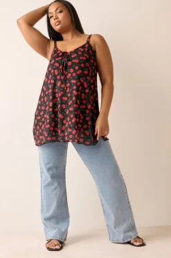 Tops>YOURS Curve Black Mesh Cherry Graphic Tie Vest Top