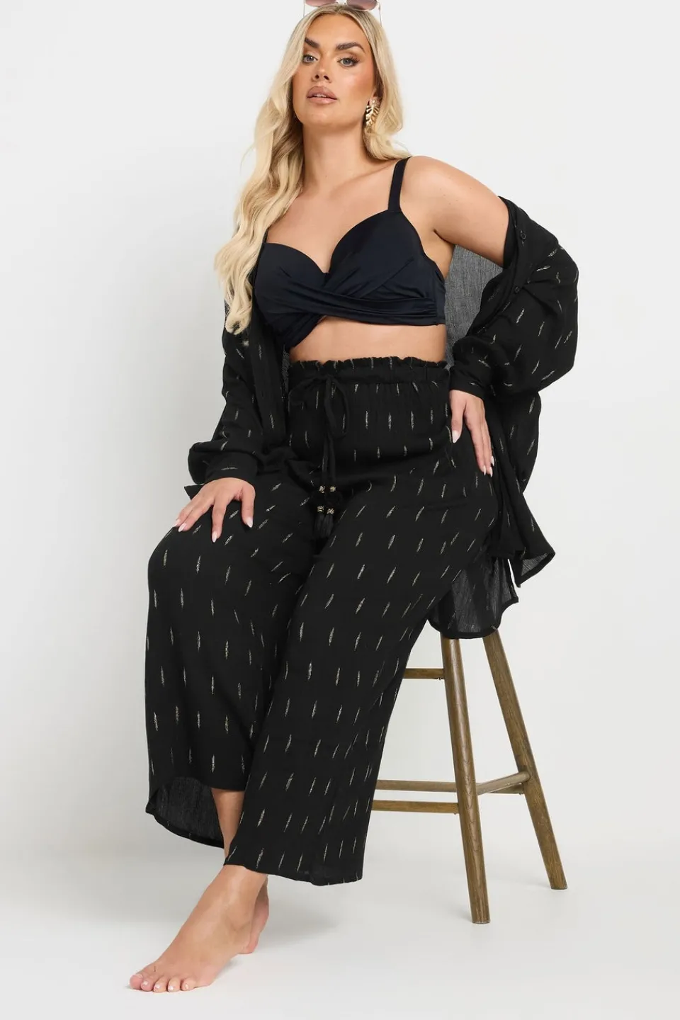 Trousers>YOURS Curve Black Metallic Dobby Beach Trousers