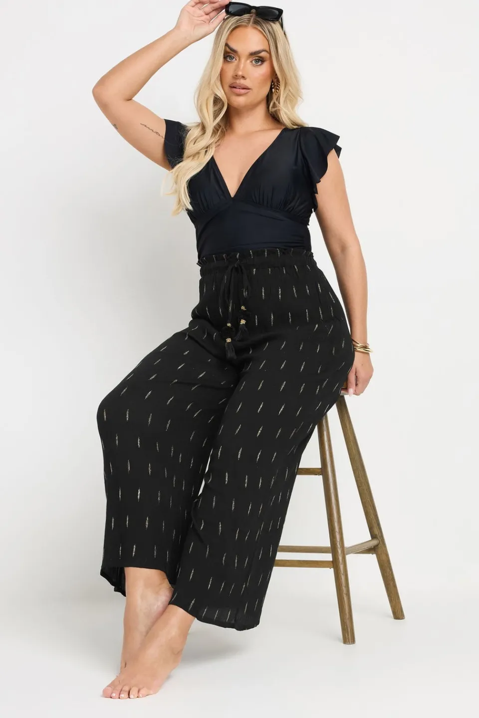 Trousers>YOURS Curve Black Metallic Dobby Beach Trousers