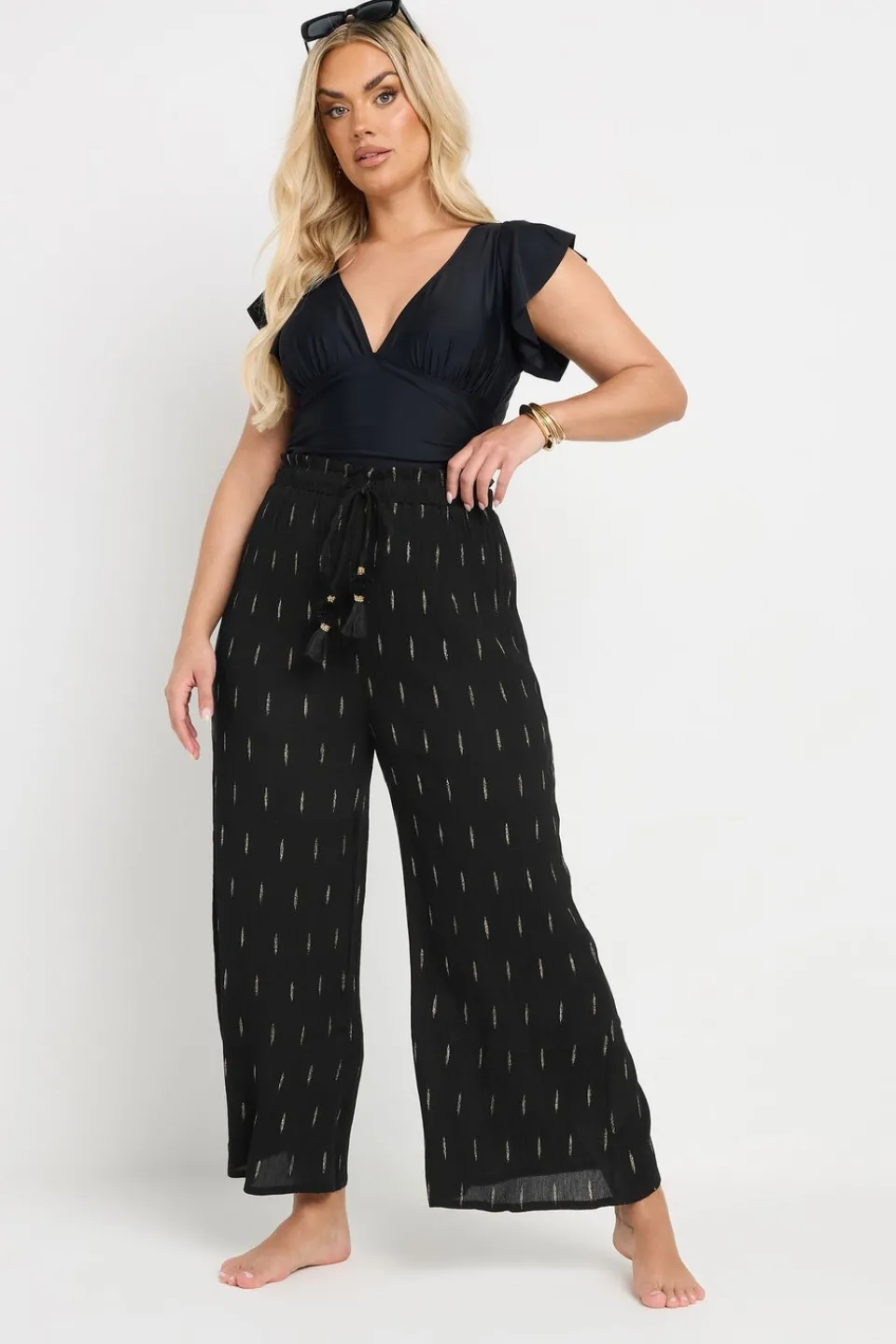 Trousers>YOURS Curve Black Metallic Dobby Beach Trousers