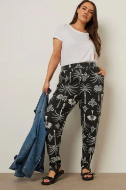 Trousers>YOURS Curve Black Palm Print Harem Trousers