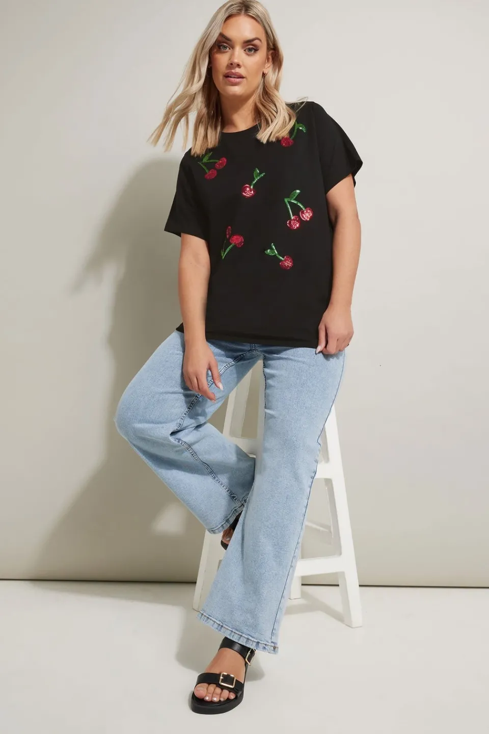 T-Shirts>YOURS Curve Black Sequin Embellished Cherry T-Shirt
