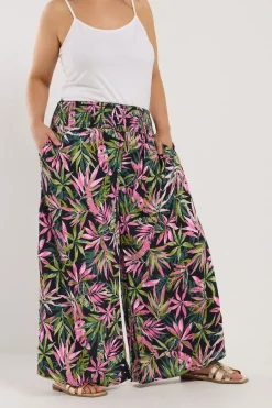 Trousers>YOURS Curve Black Tropical Print Shirred Wide Leg Trousers