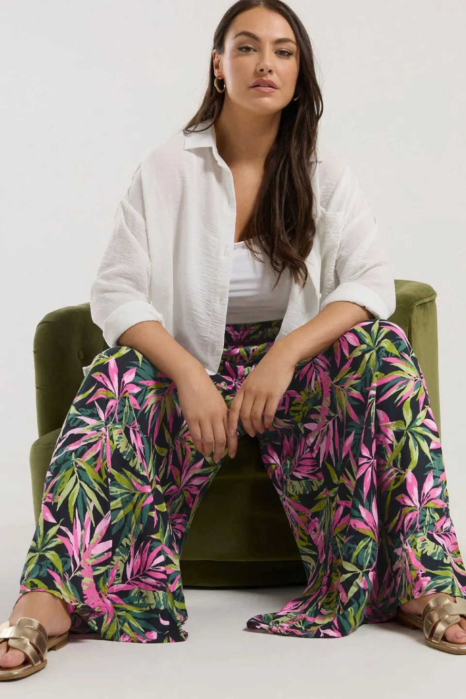 Trousers>YOURS Curve Black Tropical Print Shirred Wide Leg Trousers