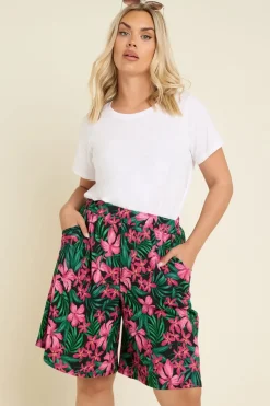 Shorts>YOURS Curve Black Tropical Floral Print Jersey Shorts
