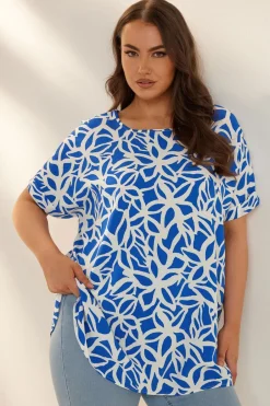 Tops>YOURS Curve Blue Abstract Floral Print Boxy Short Sleeve Blouse