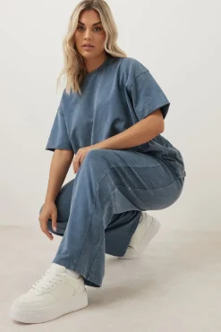 Trousers>YOURS Curve Blue Acid Wash Wide Leg Joggers